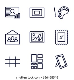 Gallery icons set. set of 9 gallery outline icons such as photo, grid, picture