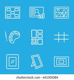 Gallery icons set. set of 9 gallery outline icons such as photo, grid, picture