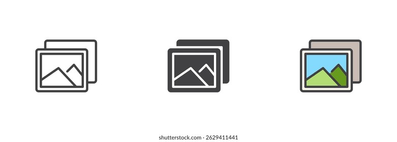 Gallery, image collection different style icon set. Line, glyph and filled outline colorful version, outline and filled vector sign. Photo album symbol, logo illustration. Vector graphics