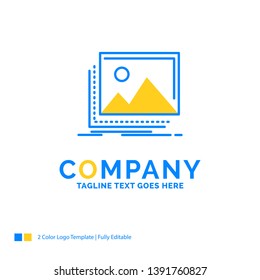 gallery, image, landscape, nature, photo Blue Yellow Business Logo template. Creative Design Template Place for Tagline.