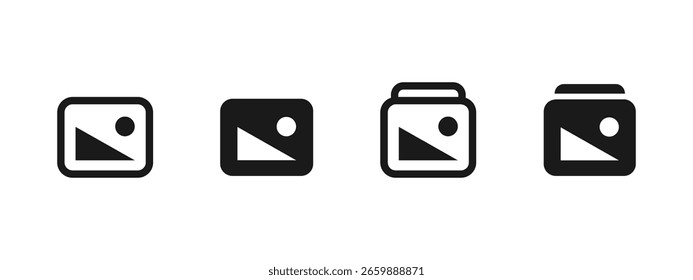 Gallery images icon. Stack of photo or picture thumbnails vector illustration. Media album and photo collection symbol. Application interface and device content sign. Photography storage pictogram.