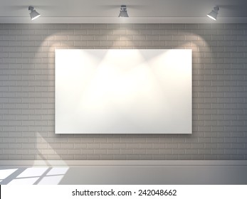 Gallery interior with blank billboard and spotlight poster vector illustration