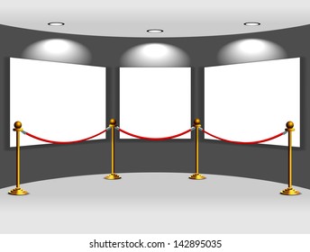 Gallery interior with canvas, red rope and gold stanchoins