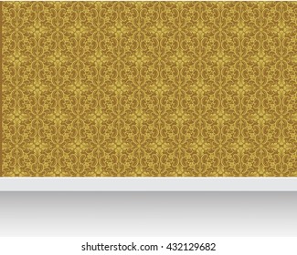 Gallery Interior with damask wall and white floor