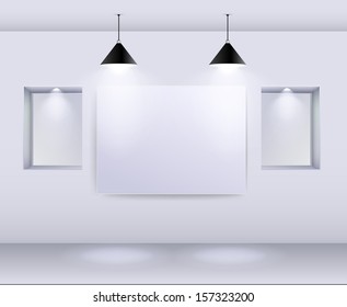 Gallery Interior with empty frame on wall and spotlights