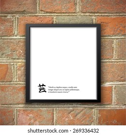 Gallery Interior with empty frame on brick wall. Photo frame on old brick wall, vector illustration.