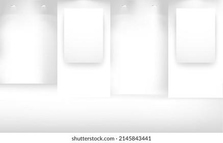 Gallery interior empty frames on wall. Art gallery empty interior, 3d room with white walls, floor and lights for pictures presentation, photography contest exhibition hall. Realistic vector mock up.