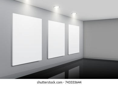 Gallery interior with empty pictures, vector design