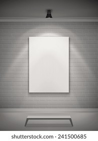 Gallery interior realistic with picture frame in lamp spotlight and bench vector illustration