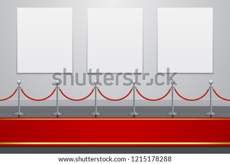 Gallery interior with red carpet and fence, vector background