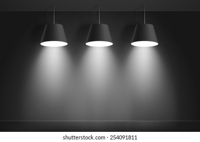 Gallery Interior with three black lamps. Vector illustration