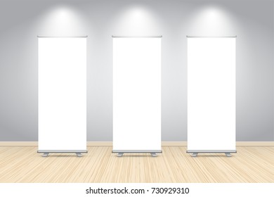 Gallery interior with three empty frame stands and clean gray wall on wooden floor. vector illustration