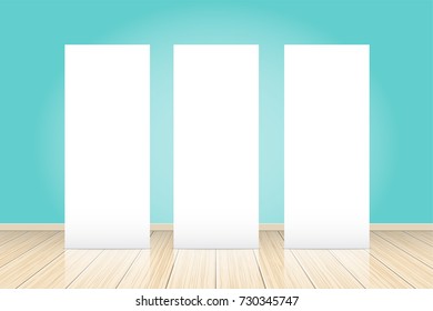 Gallery interior with three empty frames on green wall with wooden floor. vector illustration