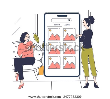 Gallery at mobile phone concept. Two women with pictures and photos at smartphone. Electronic storage and archive with files at gadget. Linear vector illustration isolated on white background