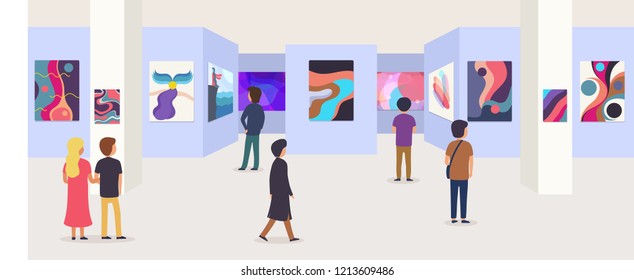 Gallery of modern art with visitors. Abstract paintings hanging on wall in  exhibition or museum room.