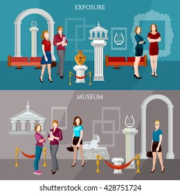 Gallery museum exposition banner people visiting antique museum excursion people in the art museum vector illustration 