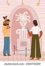 Gallery museum exposition of cartoon antique statue. Ancient historic monument classical greece culture, greek statue roman sculpture, ingenious vector illustration of antique monument, flat style