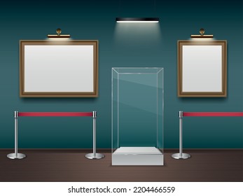 Gallery museum realistic mockup with exhibition picture frames vector illustration