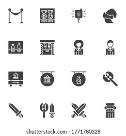 Conjunto de iconos de la galería y del vector del museo, colección moderna de símbolos sólidos, paquete de pictogramas estilo relleno. Ilustración del logotipo de los carteles. El juego incluye iconos - entrada al museo, espada medieval, guía, exhibición