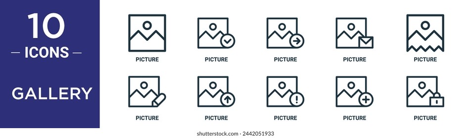 el conjunto de iconos de contorno de galería incluye imagen de línea fina, imagen, imagen, iconos para informe, presentación, diagrama, diseño web