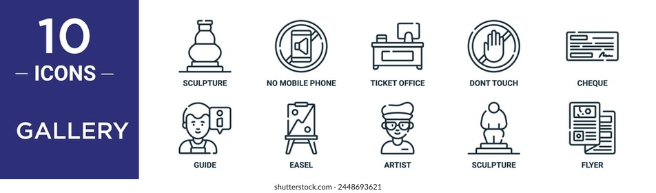 gallery outline icon set includes thin line sculpture, no mobile phone, ticket office, dont touch, cheque, guide, easel icons for report, presentation, diagram, web design