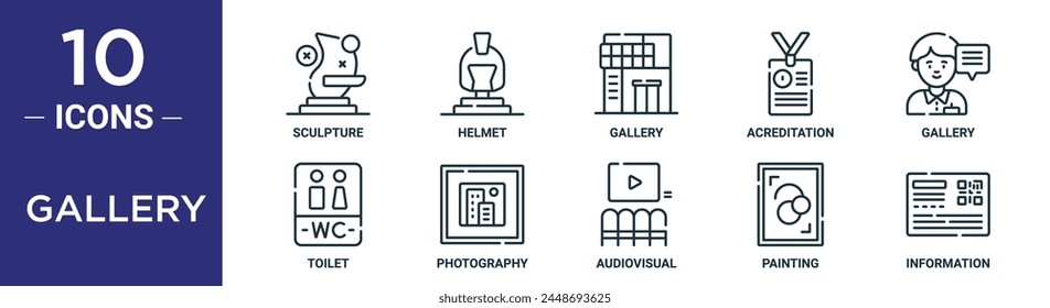 gallery outline icon set includes thin line sculpture, helmet, gallery, acreditation, gallery, toilet, photography icons for report, presentation, diagram, web design