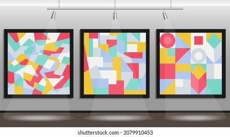 Gallery with paintings in an abstract style in frames with illumination. A set of colored abstract paintings in frames. Vector illustration. Vector.