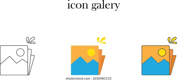 Gallery photo icon. Three distinct styles: outline, solid fill, and glossy with sun. Visual representation of an image collection. Vector illustration.