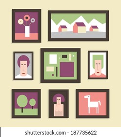 Gallery Of Pictures, Eight Pictures In Frames On The Wall, Flat Vector Illustration