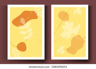 Afiche de la Galería. Cuadros interiores de otoño, conjunto de 4 ilustraciones, color pastel y de moda para la decoración del hogar. Hojas y líneas doradas con Elementos abstractos.