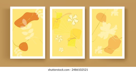 Afiche de la Galería. Cuadros interiores de otoño, conjunto de 4 ilustraciones, amarillo colorido y de moda para la decoración del hogar. Hojas y líneas doradas con Elementos abstractos