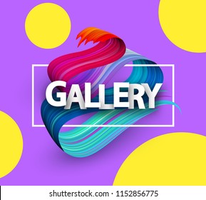 Afiche de la galería con marco blanco y pincel de espectro sobre fondo morado. Diseño de pincel degradado colorido. Ilustración de papel vector.