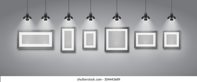 Gallery room gray wall interior with blank frames illuminated with spotlights. Realistic 3d vector illustration
