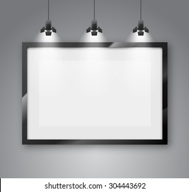 Gallery room gray wall interior with blank frame illuminated with spotlights. Realistic 3d vector illustration