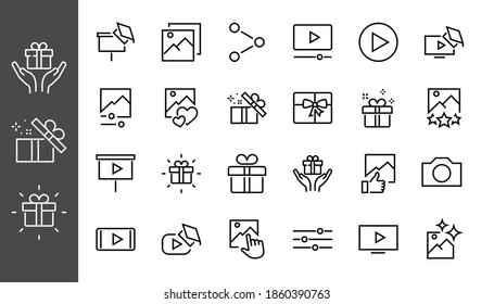 Gallery Set of Images vector line icons. Contains icons such as video, play video, edit images, Business Training, like photo. Editable stroke. Vector illustration
