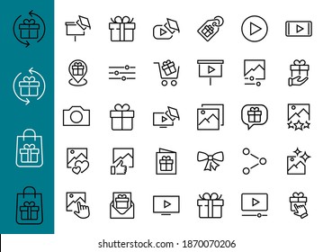 Gallery Set of Images vector line icons. Contains icons such as video, play video, edit images, Business Training, like photo. Editable stroke. Vector illustration