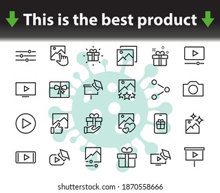 Gallery Set of Images vector line icons. Contains icons such as video, play video, edit images, Business Training, like photo. Editable stroke. Vector illustration