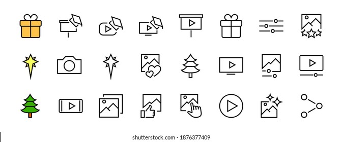 Conjunto de imágenes de iconos de línea vectorial. Contiene iconos como vídeo, reproducción de vídeo, edición de imágenes, formación profesional, como foto. Trazo editable. Ilustración del vector