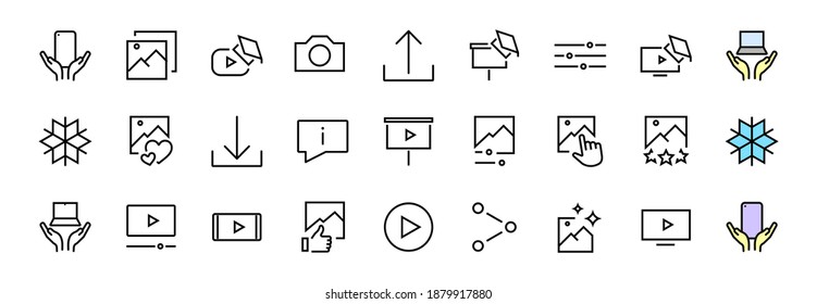 Gallery Set of Images vector line icons. Contains icons such as video, play video, edit images, Business Training, like photo. Editable stroke. Vector illustration