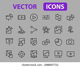 Gallery Set of Images vector line icons. Contains icons such as video, play video, edit images, Business Training, like photo. Editable stroke. Vector illustration