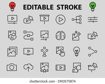 Gallery Set of Images vector line icons. Contains icons such as video, play video, edit images, Business Training, like photo. Editable stroke. Vector illustration