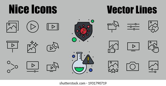 Gallery Set of Images vector line icons. Contains icons such as video, play video, edit images, Business Training, like photo. Editable stroke. Vector illustration
