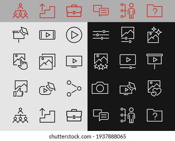 Gallery Set of Images vector line icons. Contains icons such as video, play video, edit images, Business Training, like photo. Editable stroke. Vector illustration