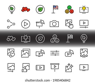 Gallery Set of Images vector line icons. Contains icons such as video, play video, edit images, Business Training, like photo. Editable stroke. Vector illustration