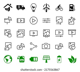 Gallery Set of Images vector line icons. Contains icons such as video, play video, edit images, Business Training, like photo. Editable stroke. Vector illustration