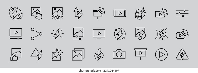 Conjunto de imágenes de iconos de línea vectorial. Contiene iconos como vídeo, reproducción de vídeo, edición de imágenes, formación profesional, como foto. Trazo editable. Ilustración del vector