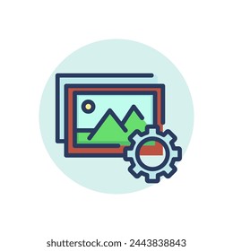 Gallery-Einstellungen dünne Linie Symbol. Sammlung, Bibliothek, Verbesserung Gliederungszeichen. Bildbearbeitung und Fotokorrektur Konzept. Vektor-Illustrations-Symbolelement für Webdesign und Apps