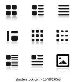 opciones de visualización de la galería iconos set ,lista