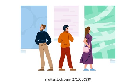 Los visitantes de la Galería están explorando una exposición de arte moderno, observando pinturas abstractas en las paredes, disfrutando de una actividad cultural de ocio en un entorno museístico