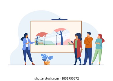 Galeriebesucher, die Kunstwerke betrachten. Museumsführer, der über die flache Vektorgrafik von Bildern erzählt. Kunstgalerie, Kultur, Ausstellungskonzept für Banner, Website-Design oder Landing-Webseite